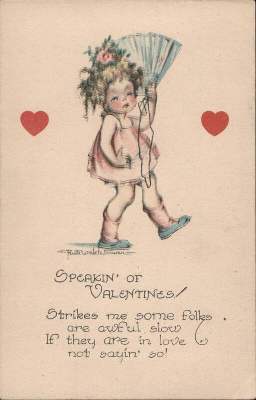 Ruth Welch Sumners Valentine Girl with Fan and Hearts, Humorous Verse