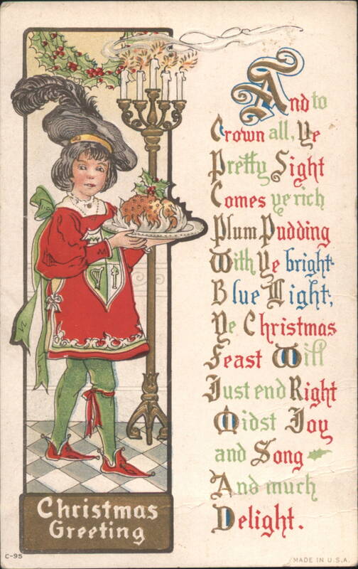Boy in Medieval Attire Serving Plum Pudding, Christmas Greeting