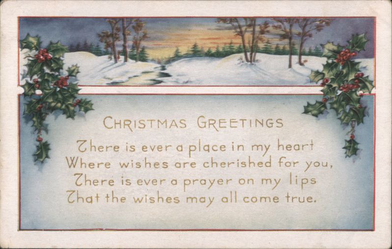 Christmas Greetings Snowy Winter Scene with Holly and Berries