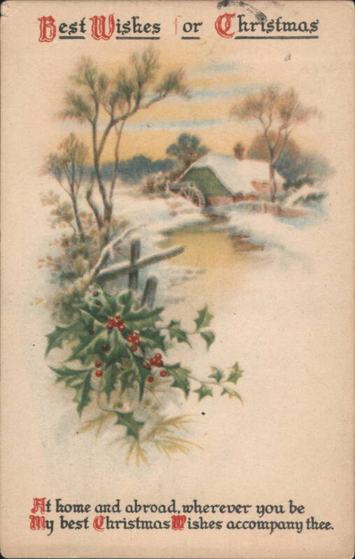 Best Wishes for Christmas Winter Scene with Snow-Covered House & Holly