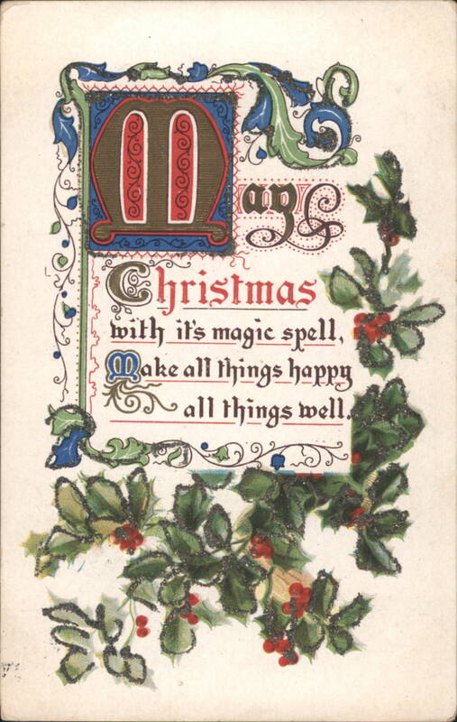 Ornate Illuminated Christmas Greeting with Holly and Berries