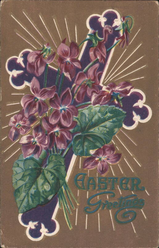 Easter Greetings Violets Bouquet with Cross and Rays
