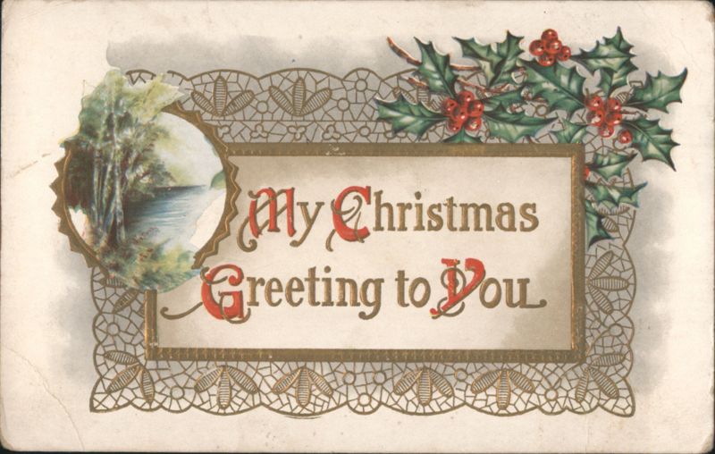 Christmas Greeting with Holly and Winter Landscape Vignette