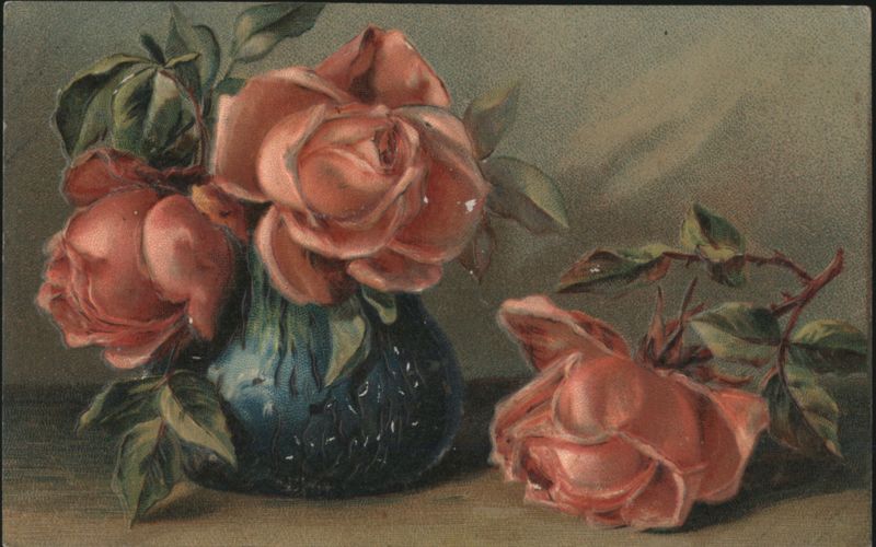 Still Life Painting of Pink Roses in a Blue Vase