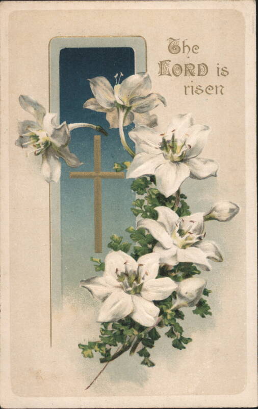 Easter Lilies & Golden Cross with 'The LORD is risen' Religious Greeting