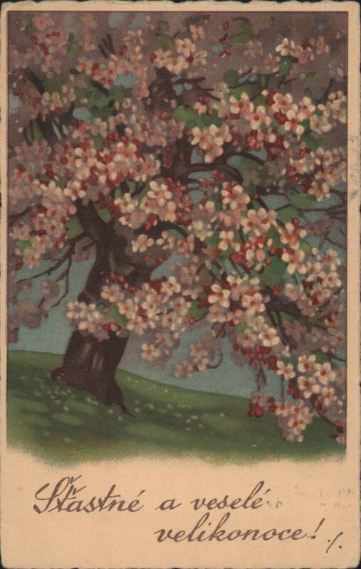 Blooming Tree with Pink and White Flowers, Happy Easter Greeting