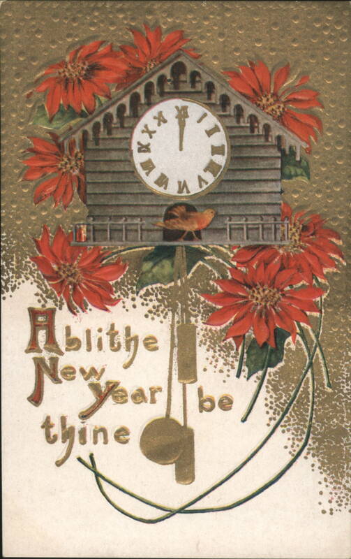 New Year's Cuckoo Clock with Poinsettias and 'A blithe New Year be thine' Greeting