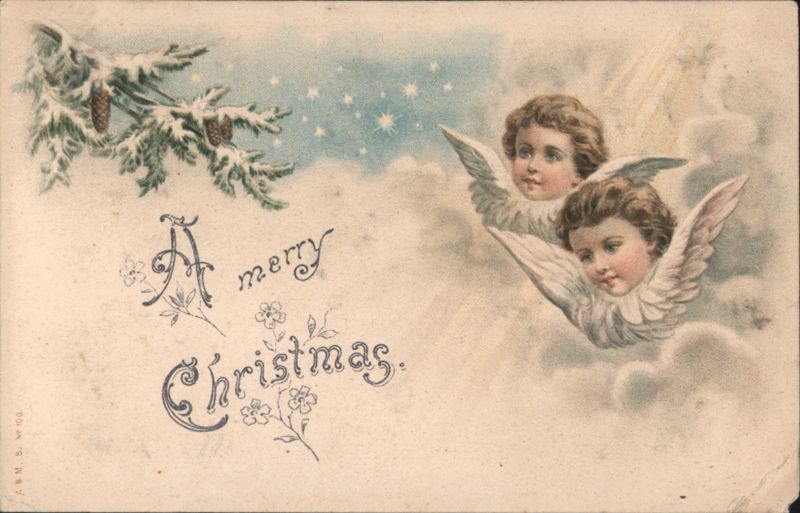 A Merry Christmas Angels, Snowy Pine Branch & Stars
