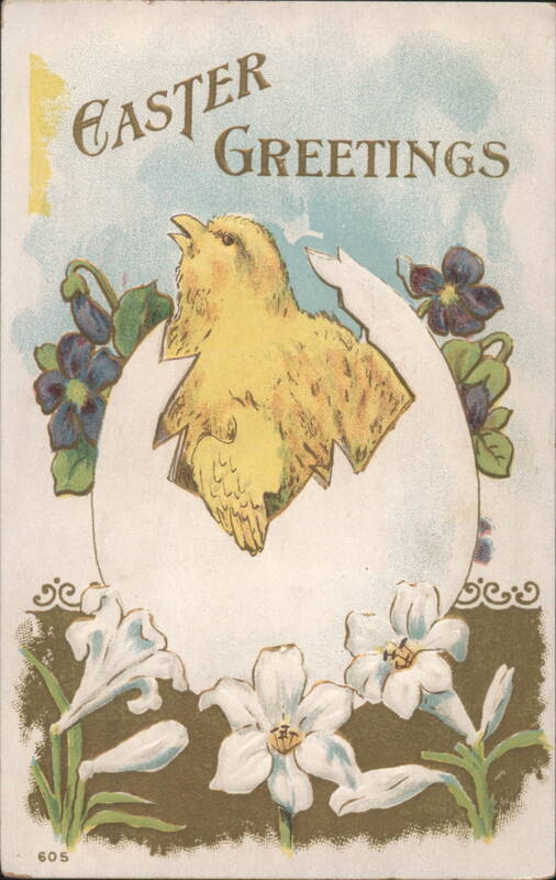 Easter Greetings Chick Hatching from Egg with Violets and Lilies