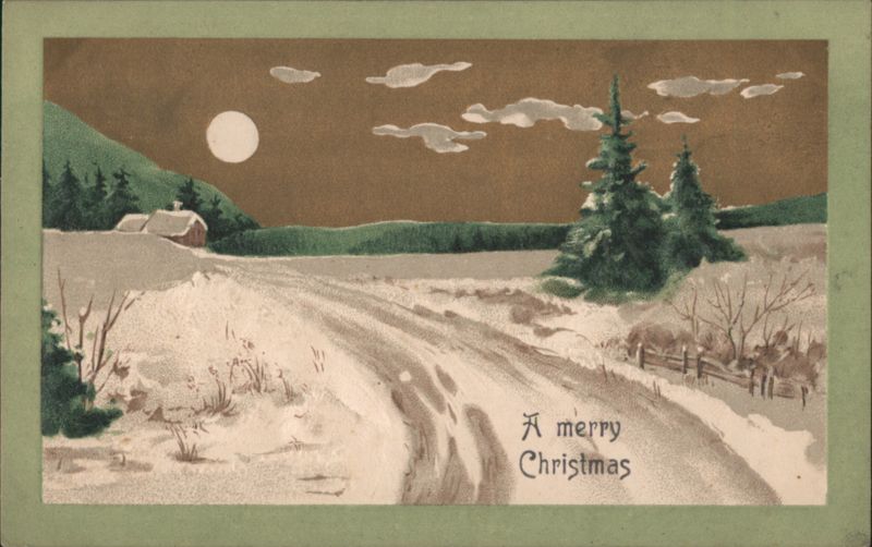 Winter Night Scene with Full Moon & Snow, A Merry Christmas