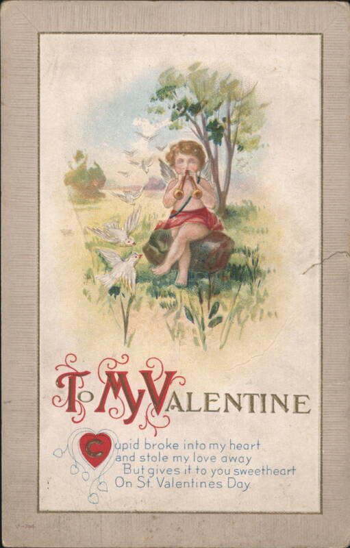 Cherub Playing Horn with Doves for Valentine's Day Poem, Sent 1922