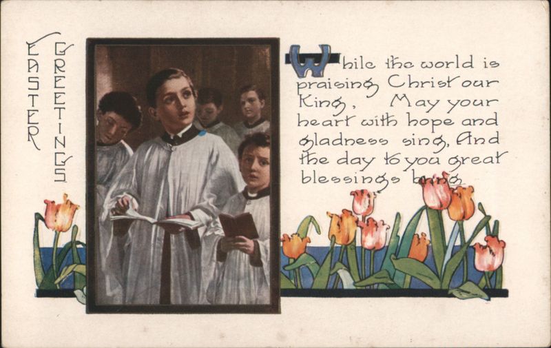 Easter Greetings with Choir Boys Singing and Spring Tulips