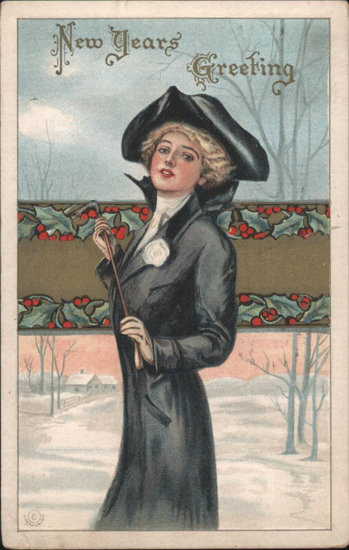 New Years Greeting with Woman in Black Hat & Winter Scene
