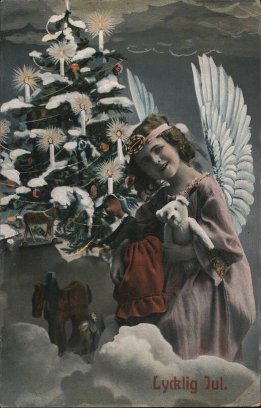 Angel Girl with Teddy Bear, Christmas Tree, Lycklig Jul