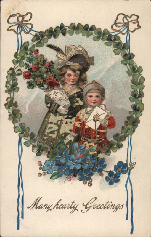 Many hearty Greetings: Woman & Boy with Roses, Clovers, Forget-Me-Nots