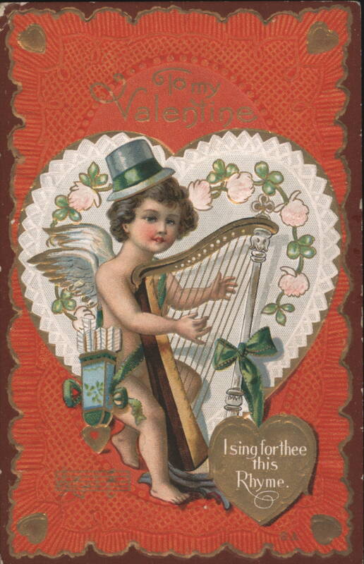 Cherub with Green Top Hat Playing Harp for Valentine's Day