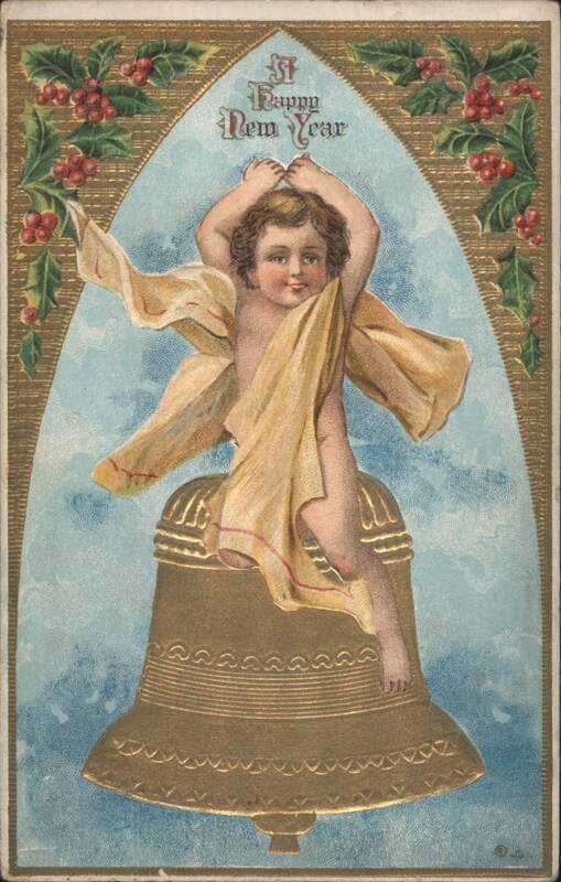 A Happy New Year Cherub on Bell with Holly and Berries