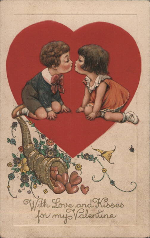 Children Kissing in Red Heart with Cornucopia, With Love and Kisses