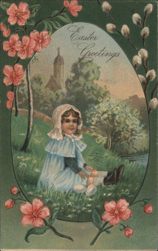 Young Girl in Field with Easter Greetings, Flowers, and Pussy Willows