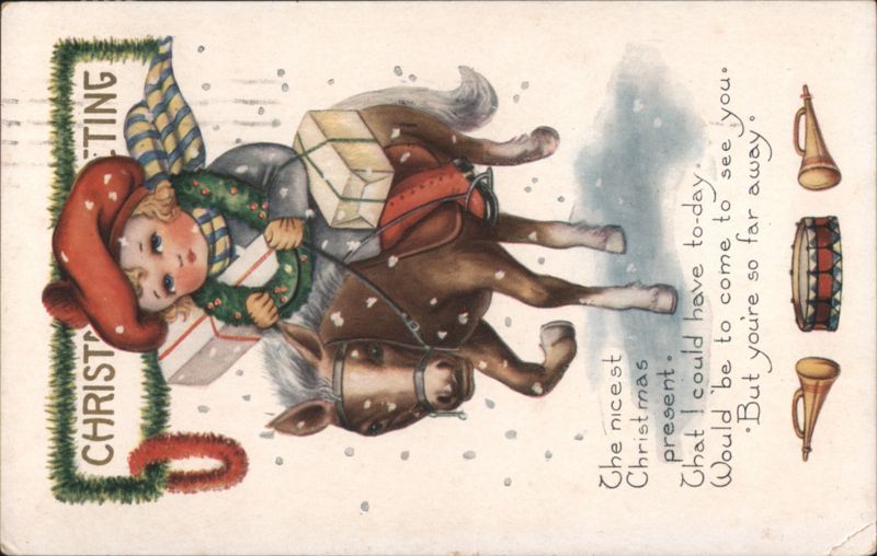Christmas Greeting Angel Child Riding Horse in Snow with Present