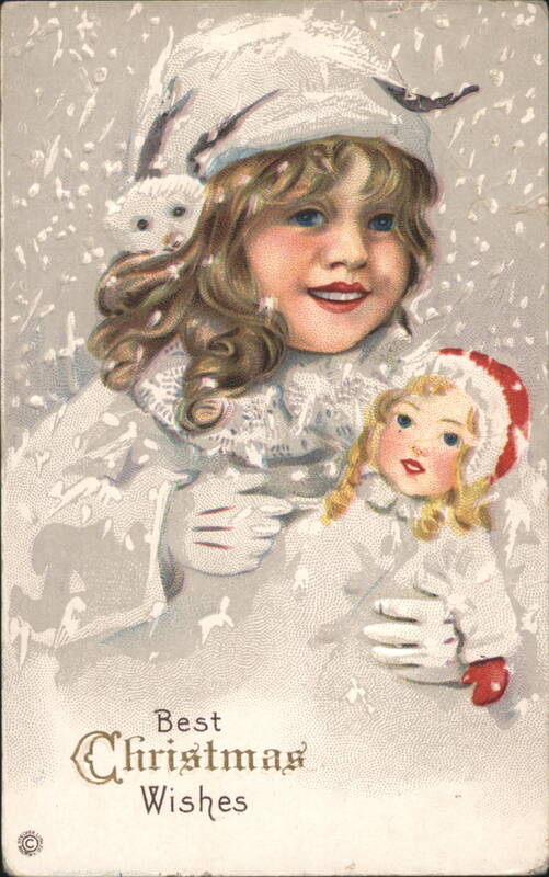 Young Girl in Winter Coat Holding Doll, Best Christmas Wishes