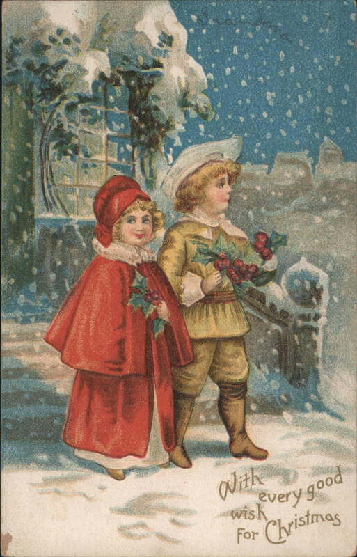 Two Children in Snow with Holly, Christmas Greeting