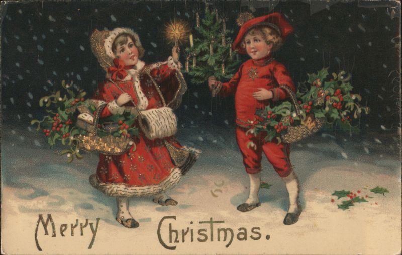 Merry Christmas Children in Snow with Holly Baskets & Candle