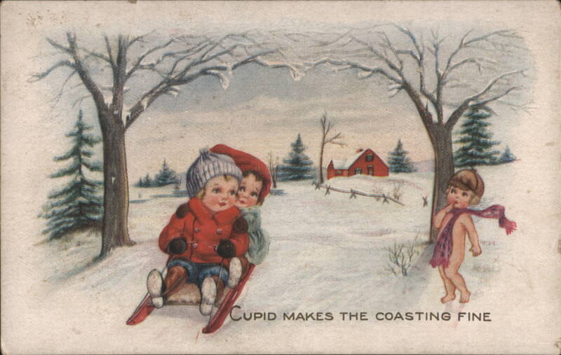 Children Sledding in Snowy Landscape with Cupid, 'Coasting Fine'