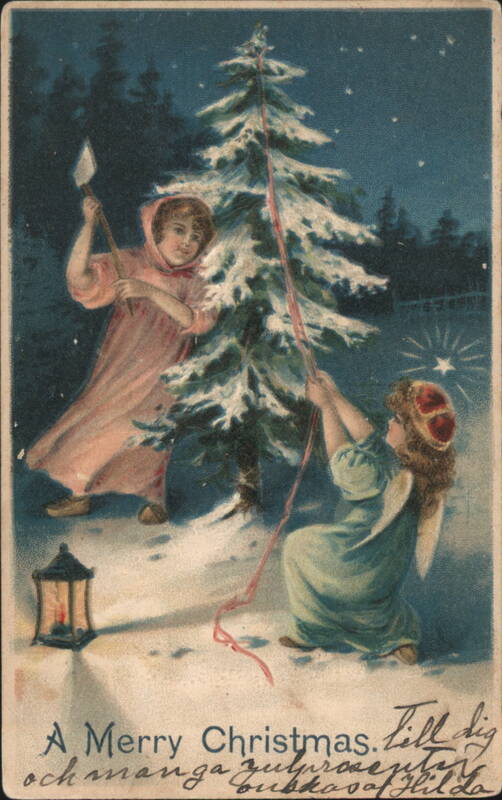 Children Decorating Christmas Tree with Angel & Axe, Snowy Night