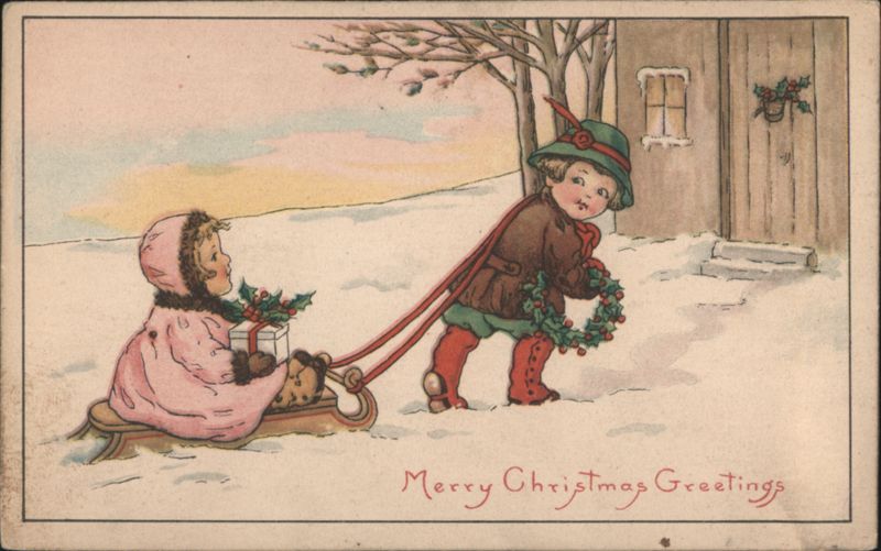 Children Pulling Sled with Christmas Gift and Wreath in Snow