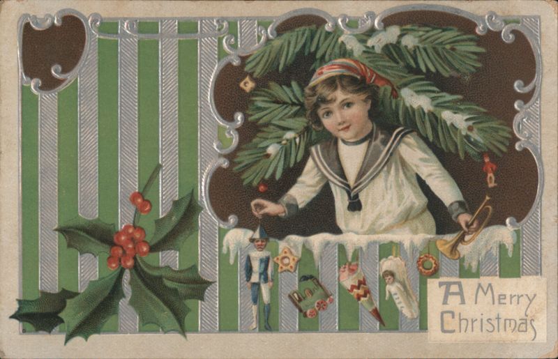 Boy with Christmas Tree and Toys, A Merry Christmas