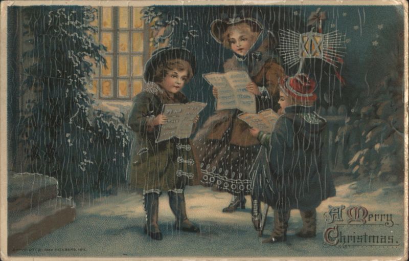 Children Singing Carols in Snow with Christmas Tree - A Merry Christmas