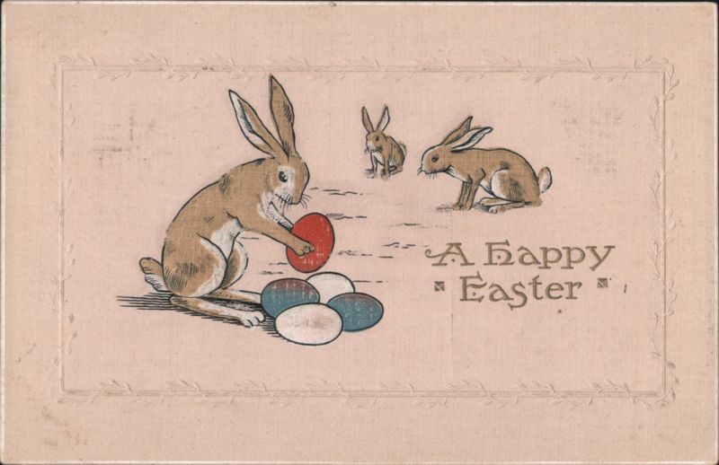Easter Bunnies Painting Eggs with 'A Happy Easter' Greeting