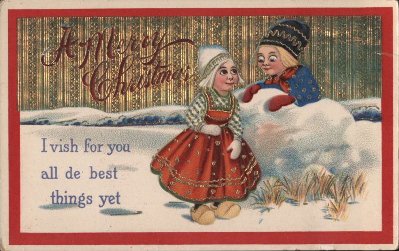 Merry Christmas Children in Snow, Traditional Attire, Printed in Germany