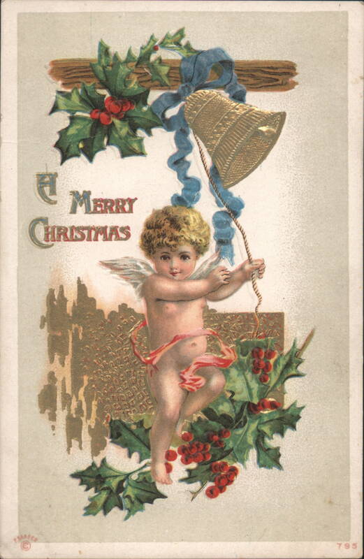 A Merry Christmas Cherub with Bell and Holly Illustration