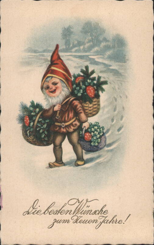 Gnome with Berry Baskets in Snow, New Year's Greetings