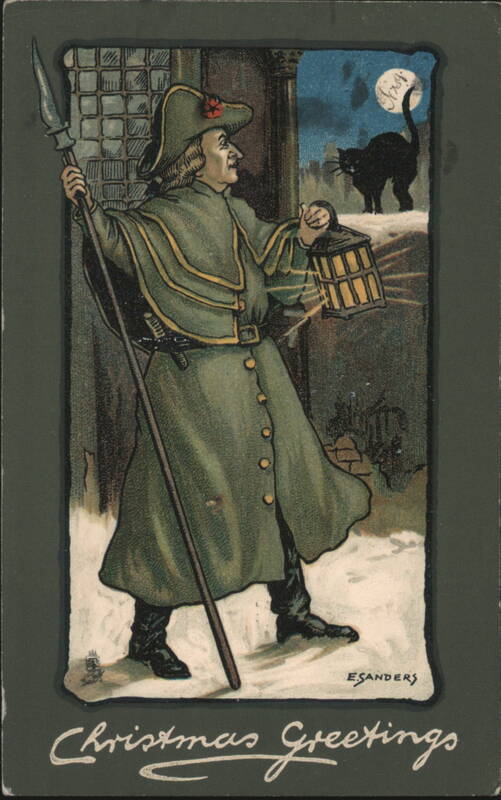 Christmas Greetings: Night Watchman with Lantern, Black Cat & Full Moon