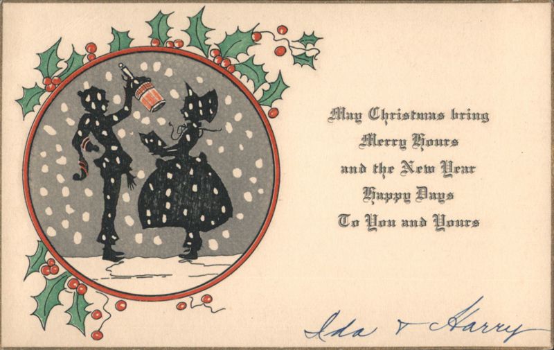 Christmas & New Year Greeting with Polka-Dotted Silhouettes, Holly & Snow