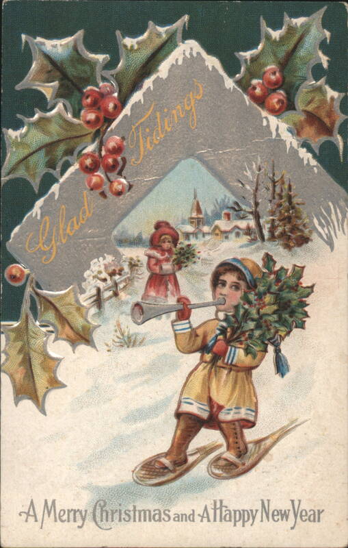 Glad Tidings, Merry Christmas & Happy New Year with Skiing Children & Holly