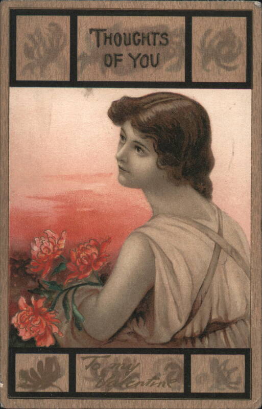 Thoughts of You Woman with Red Flowers, Valentine's Day Greeting