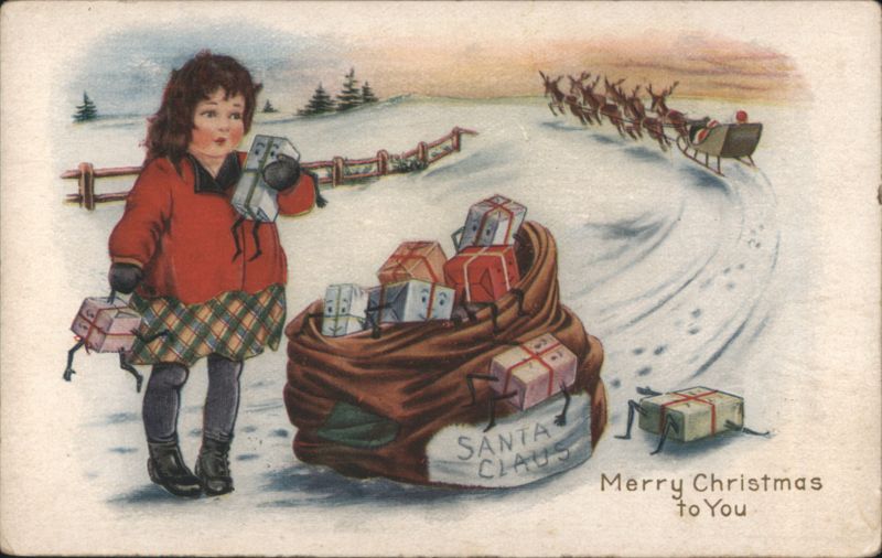 Christmas Girl with Santa's Sack of Gifts & Sleigh Flying Away in Snowy Landscape