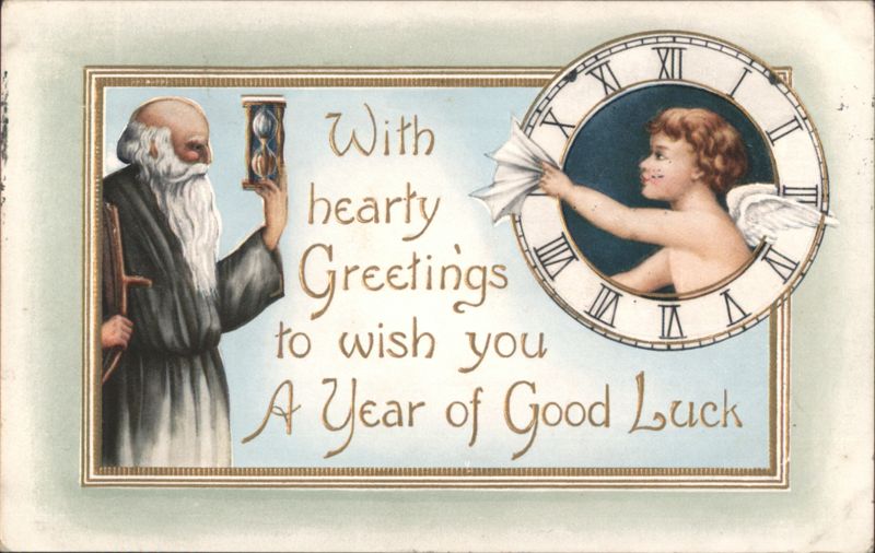 Father Time and Cherub with Clock for New Year's Good Luck Greeting
