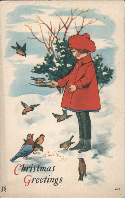 Child in Red Coat Feeding Birds in Snow - Christmas Greetings