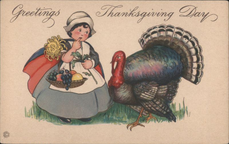 Greetings Thanksgiving Day: Girl with Fruit Basket and Turkey