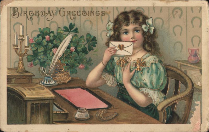 Birthday Greetings Girl Writing Letter at Desk with Quill Pen