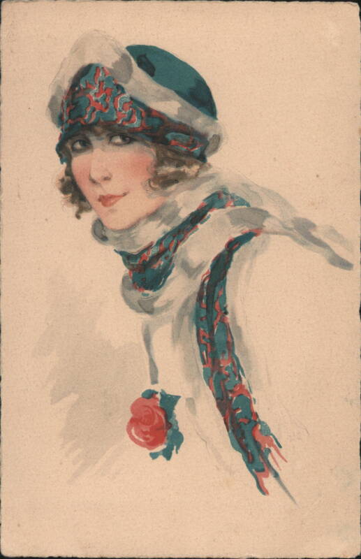 Woman in Teal Cloche Hat & Patterned Scarf, 1920s Flapper Style Art
