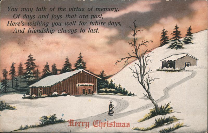 Merry Christmas Winter Scene with Poem and Snow-Covered Buildings