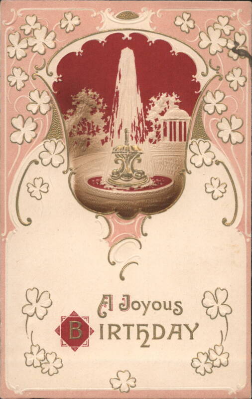 A Joyous Birthday Greeting with Ornate Fountain and Clover Design