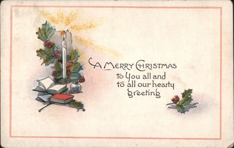 A Merry Christmas Greeting with Candle, Holly, and Books