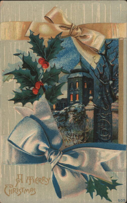 A Merry Christmas Holly & Bows with Winter Building Scene